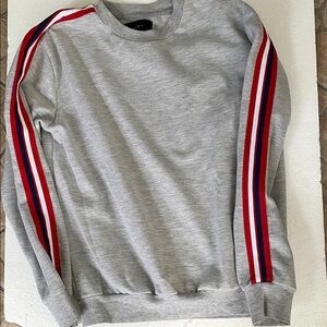 Gray Sweatshirt with Red and Blue Stripes